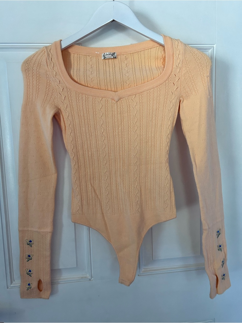 Free People Peach Cable-Knit Long Sleeve Bodysuit